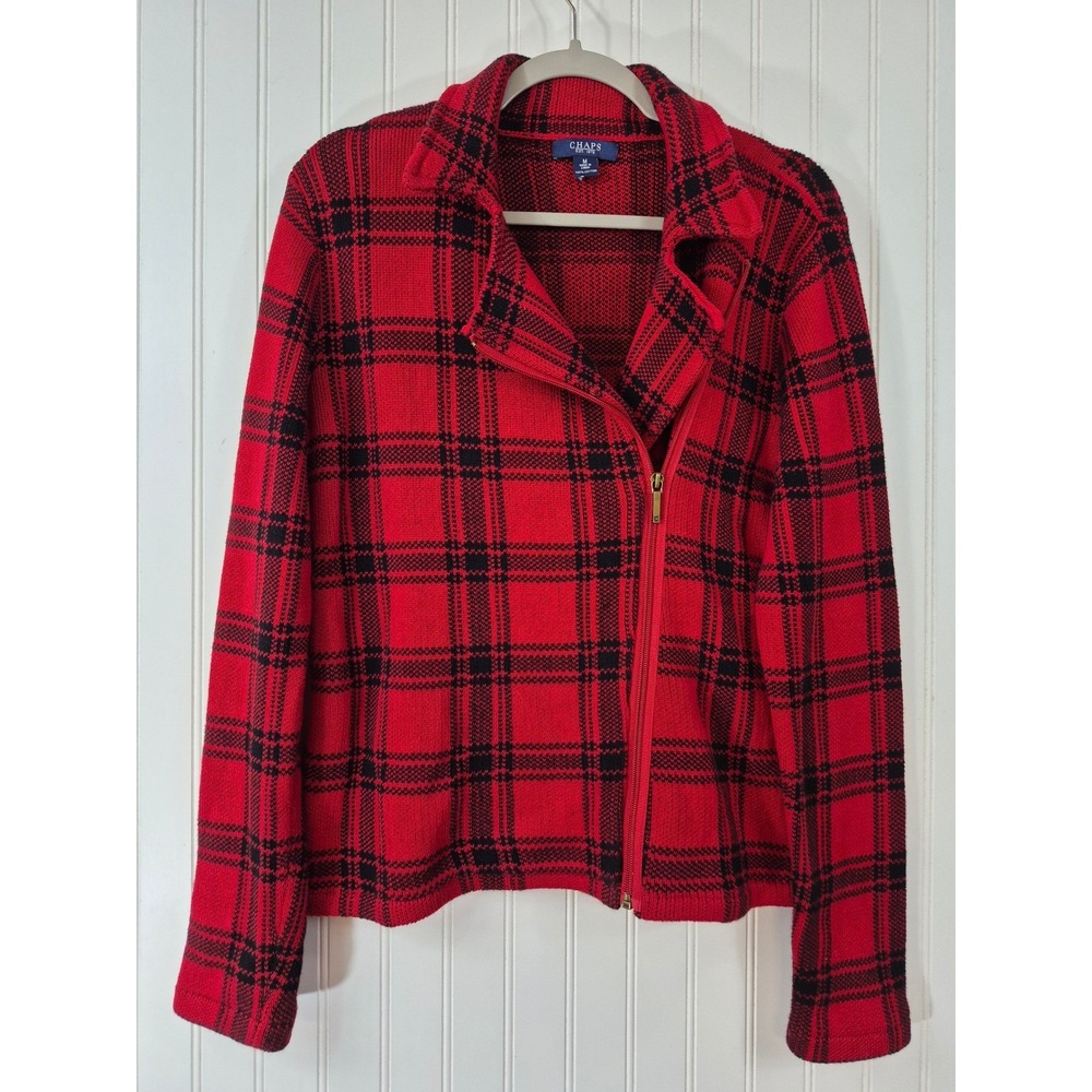 Chaps Womens Red Black Plaid Cotton Knit Asymmetrical Zip Moto Cardigan Medium